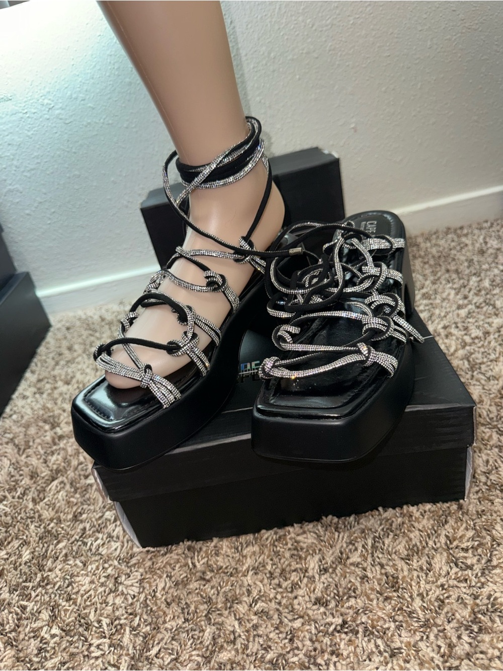 Cape Robbin Black Platform Lace-Up Sandals with Silver Accents